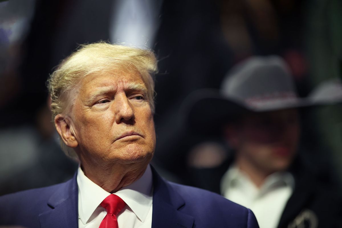 Former United States President Donald Trump stands on the floor during the Division I Mens Wrestling Championship held at the BOK Center on March 18, 2023 in Tulsa, Oklahoma. (Shane Bevel/NCAA Photos via Getty Images)