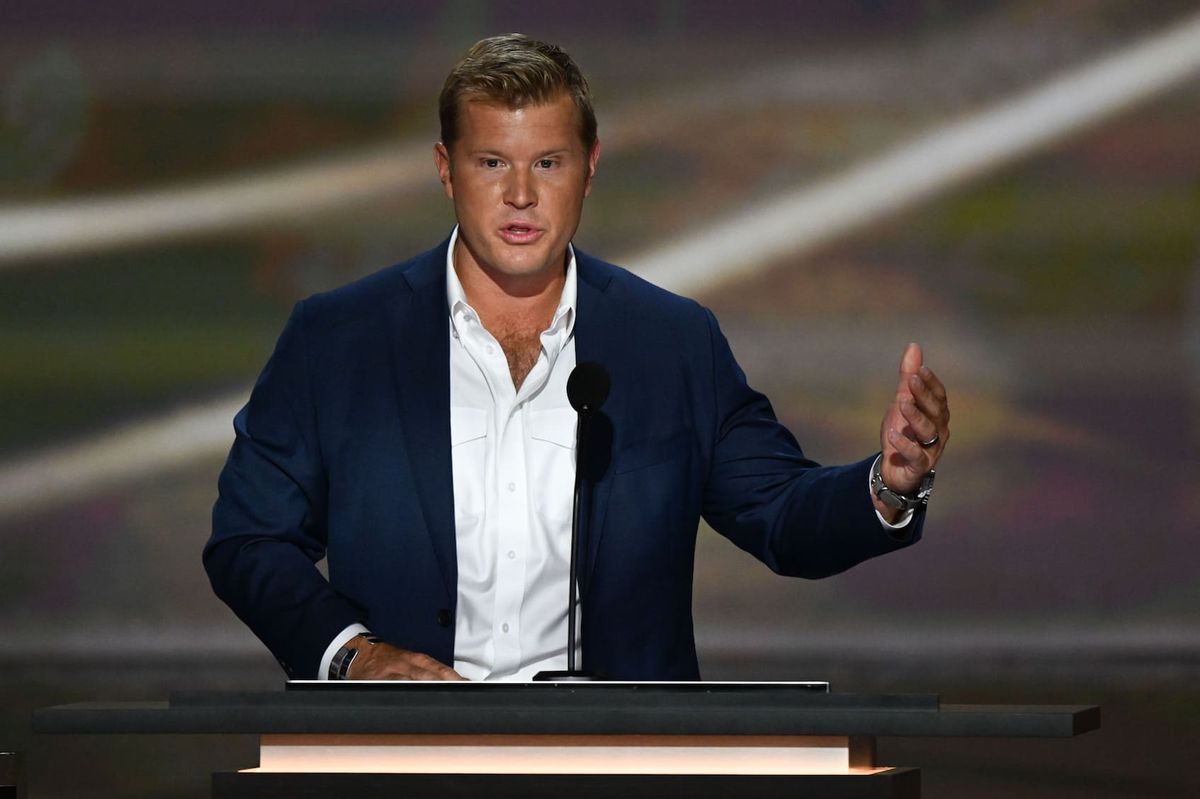 Tim Sheehy, 2024 Senate candidate in Montana, speaks during the Republican National Convention at Fiserv Forum on July 15, 2024 in Milwaukee, Wisconsin. (Joshua Lott/The Washington Post via Getty Images))