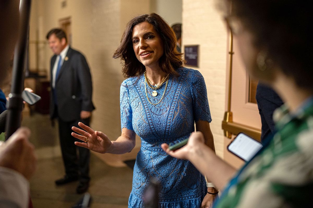 Rep. Nancy Mace (R-SC) speaks with reporters as she departs a House Republican Conference meeting at the U.S. Capitol on September 10, 2024 in Washington, DC. (Kent Nishimura/Getty Images)